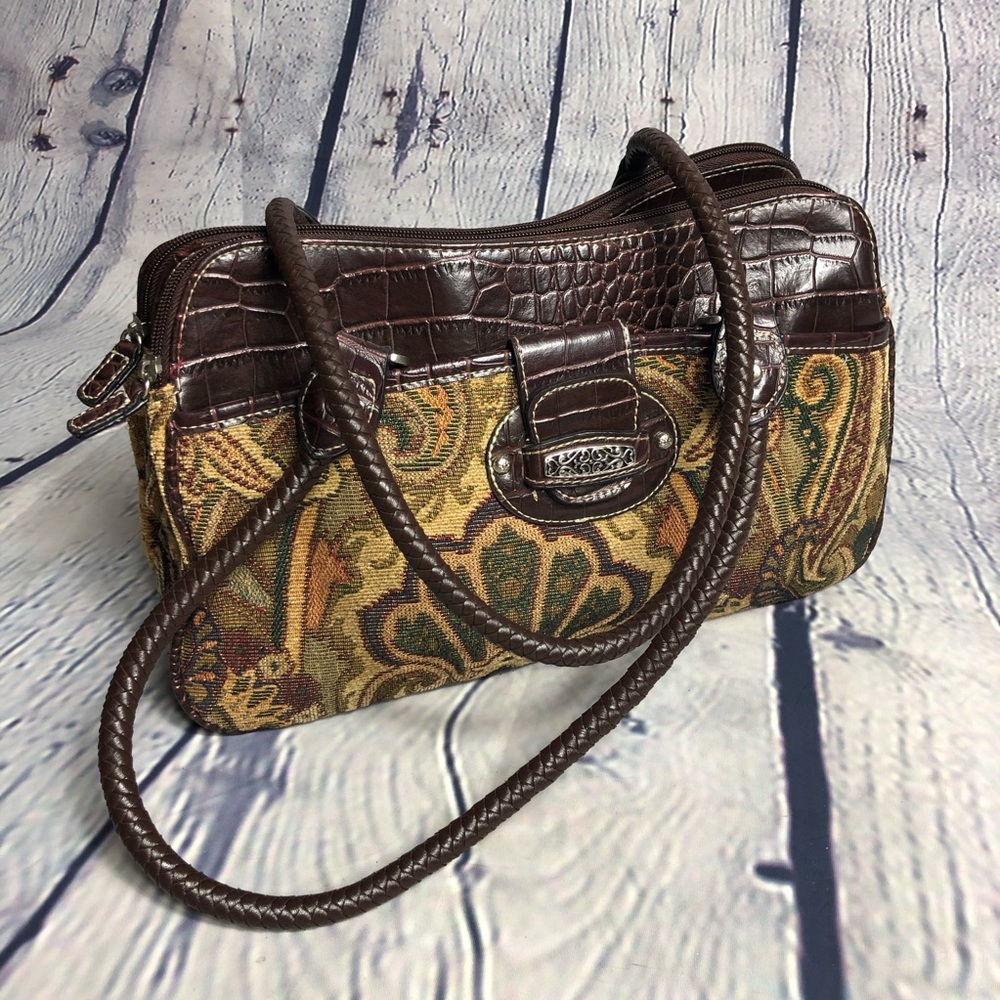 Brown leather and tapestry purse